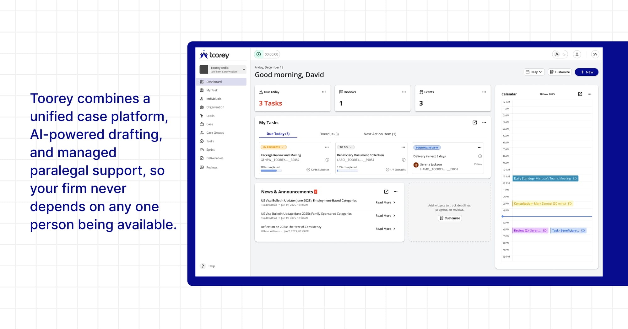 Toorey combines a unified case platform, AI-powered drafting, and managed paralegal support, so your firm never depends on any one person being available.